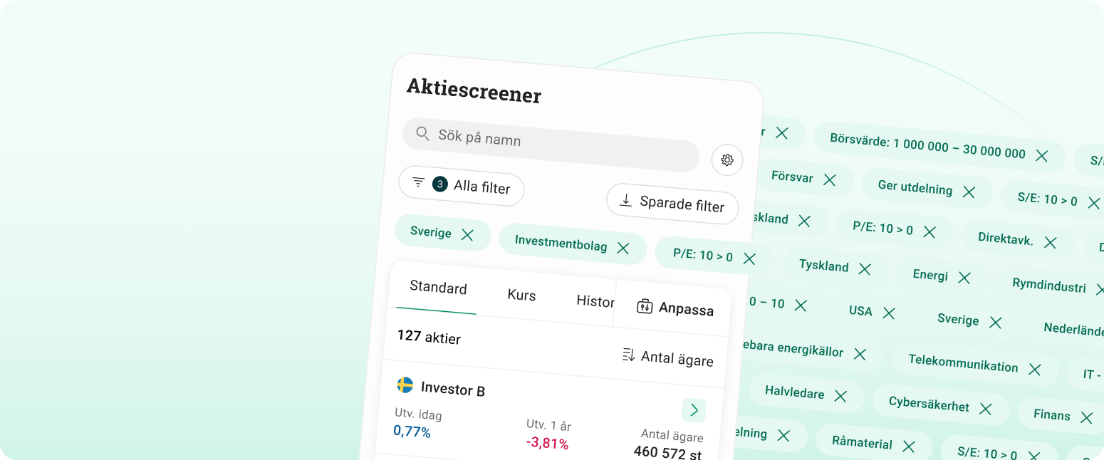 Aktiescreener En bild på en vy i avanzaappen som visar Aktiescreenern och olika filtreringsmöjligheter.
