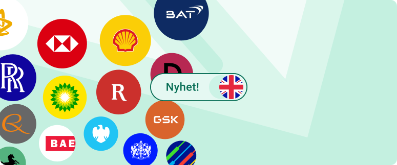 Vi lanserar handel på Londonbörsen En bild med loggor från brittiska bolag ihop med en brittisk flagga och texten "Nyhet!".